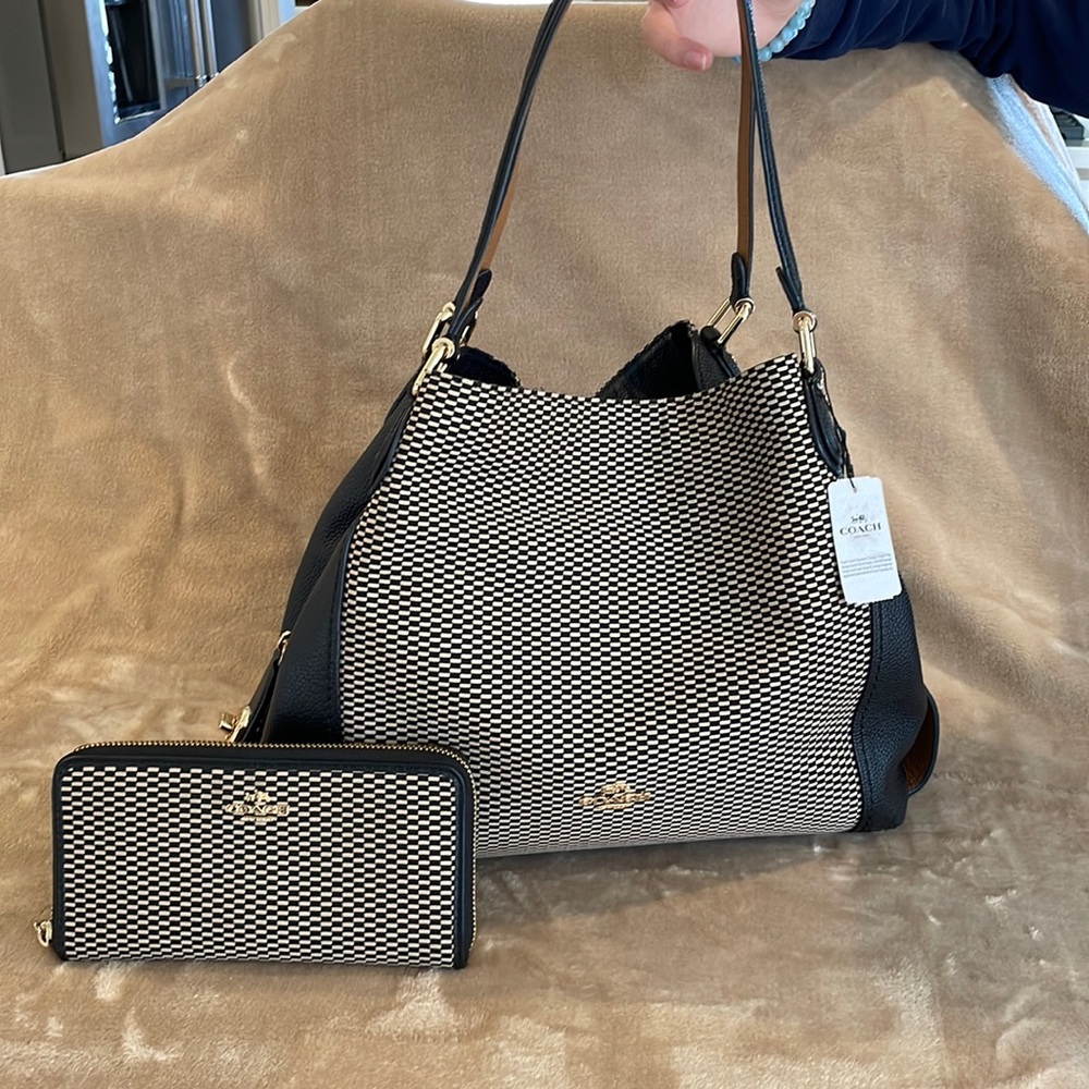 NWT COACH Black Leather & Jacquard Legacy Edie Purse with Matching Wallet
